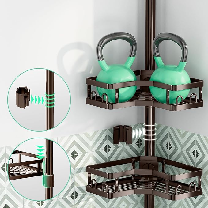 HEVEL Corner Shower Caddy Tension Pole, 4 Tier Adjustable Shower Organizer Corner 62-115 Inch, Rustproof Bathroom Shower Shelves for Bathtub Storage,Bronze - Bloomnest