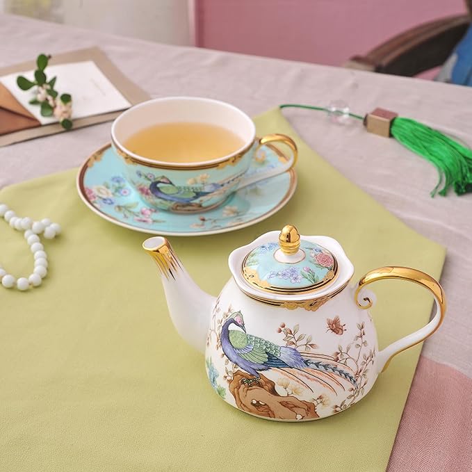 ACMLIFE Tea Set For One - Bone China Teapot & Cup, Vintage Floral Design, 12 Oz, Blue & White, Gifts For Women (Light blue) - Bloomnest