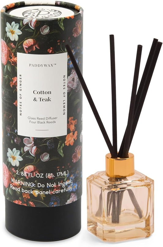 Paddywax Botanica Scented Oil Diffuser with Reeds in Reusable White Glass Bottle, Tubed Gift Box, Includes Diffuser Sticks, Long-Lasting Fragrance, Reusable & Upcyclable, Cotton & Teak, 2.8 fl oz PaddywaxCandles
