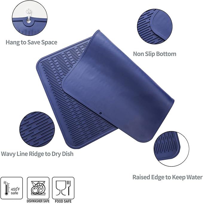 Silicone Dish Drying Mat for Multiple Usage,Easy clean,Eco-friendly,Heat-resistant Silicone Mat for Kitchen Counter or Sink,Refrigerator or Drawer Liner Navy Blue 4XL 32 inches x 18 inches - Bloomnest