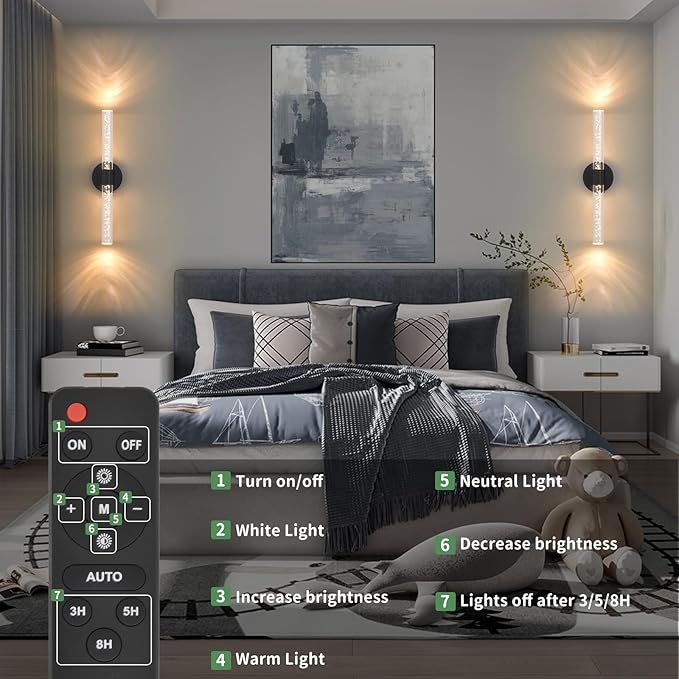 Battery Operated Wall Sconces Set of 2, Black 20'' Rechargeable Crystal Bubble Wall Sconce with Remote Control, 3000K-6000K Dimmable LED Wireless Wall Lights for Living Room Bedroom Bathroom Hallway - Bloomnest