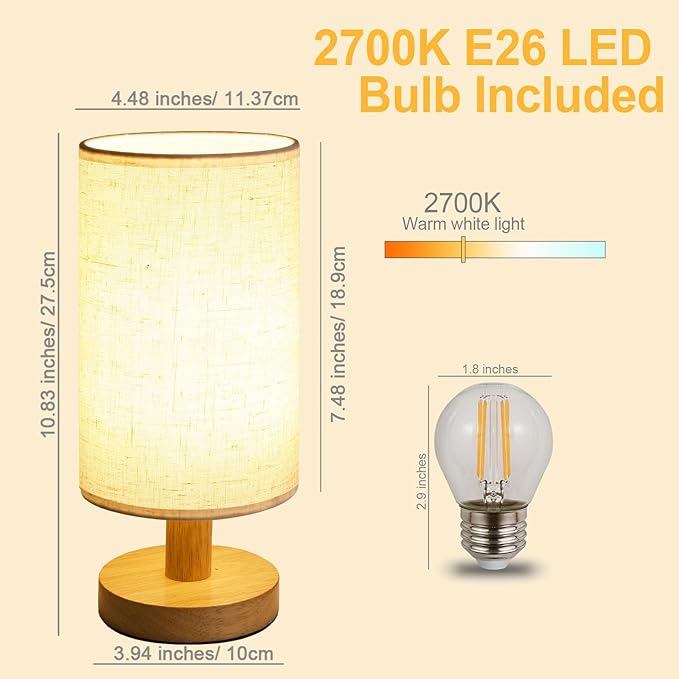 Small Bedside Table Lamp for Bedroom, Minimalist Wood Base & Round Fabric Shade, Mini Cute Cozy Warm White Nightstand Boho Lamp, Study Desk Night Stand Light for Room, Dorm, Nursery, Living Room - Bloomnest