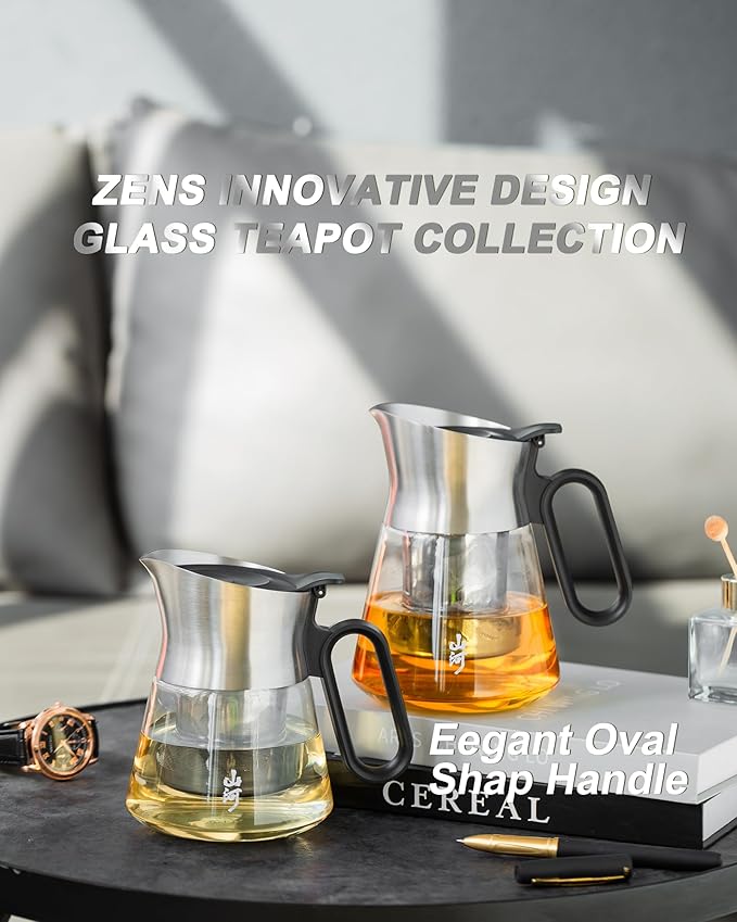 ZENS 17 oz Small Glass Teapot with Infuser, Design Loose Leaf Teapot with Stainless Steel Spout for Hot Tea Steeper, Oval Handle Clear Tea Pot Infusers Loose Tea Maker for Lovers Gifts - Bloomnest