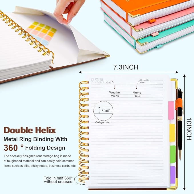 Hardcover Spiral Notebook 8"x10" Journal Notebook with Tabs and Removable Dividers 300 Pages 5 Subject Notebook College Ruled, Faux Leather Spiral Bound Notebook for Women School Work (Brown) - Bloomnest