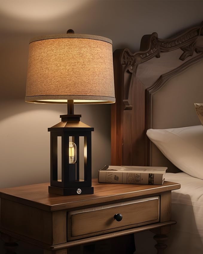 23.75" Retro Farmhouse Black Table Lamp for Living Room Bedroom Nightstand Single Pack Touch Control Bedside Nightlight Vintage Modern Lamp with USB C+A Ports and 2 Light Sources - Bloomnest