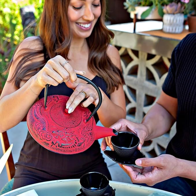 Large Cast Iron Tea Kettle Set - 40oz/1200ml Japanese Teapot with Infuser & Matching Trivet - Tetsubin Iron Tea Pot Japanese Style with Enamel Interior - Handcrafted Dragon Teapot Humidifier - Red