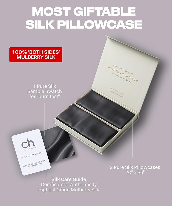 SUNDAYSILKS™ | Silk Pillow Cases 2 Pack | 22 Momme Mulberry Silk Pillowcase Set of 2 | All Sides 100% Pure Silk Slip Pillowcases Bliss for Women, Zipper | Standard Queen, King Size [Midnight Black] - Bloomnest