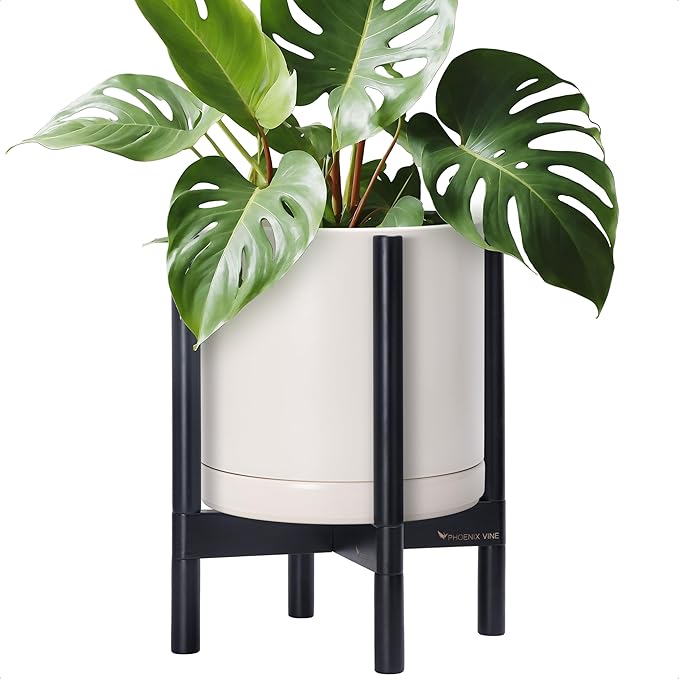 D'vine Dev Ceramic Planter with Ebony Stand - 12 Inch Modern Round Flower Pot with Wood Planter Holder, Oatmeal, 55-B-H-8 - Bloomnest