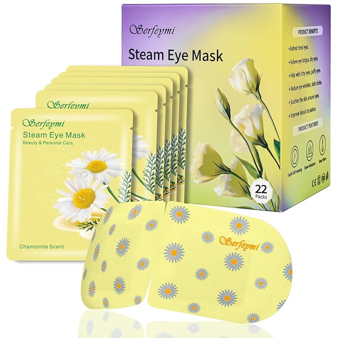 Serfeymi 22 Packs Steam Eye Mask, Warming Eye Mask Promote Sleep Eye Patch Self-Heating, Disposable Eye SPA Heated Eye Mask for Dry Eyes, Dark Circles, Tired Eyes, Eye Fatigue (Upgraded Chamomile) - Bloomnest