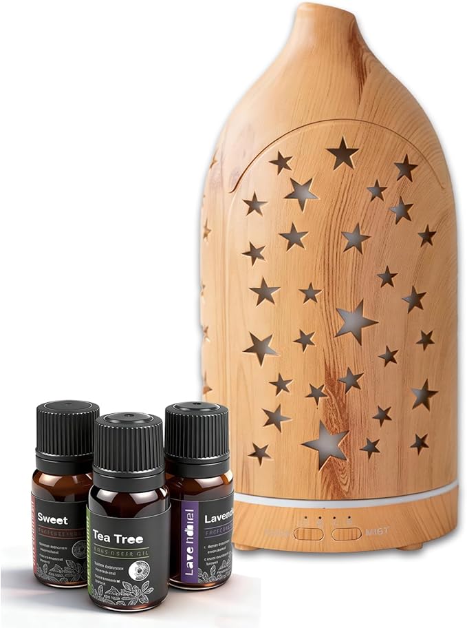 Essential Oil Diffuser,7.1''x3.5'' Diffusers with 3 Aromatherapy Oils Set,Small 200ml Desk Humidifier with 7 LED Colors Night Lights,Waterless Auto-Off for Office Home Decor Gift (Star) - Bloomnest