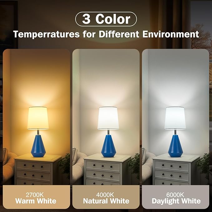 Small Bedside Table Lamp for Bedroom - Reading Desk Lamp with 3 Color Temperatures，15.5" Nightstand Ceramic Lamp with Fabric Shade for Kids Room,Living Room,Dorm,Home Office (Blue+White) - Bloomnest