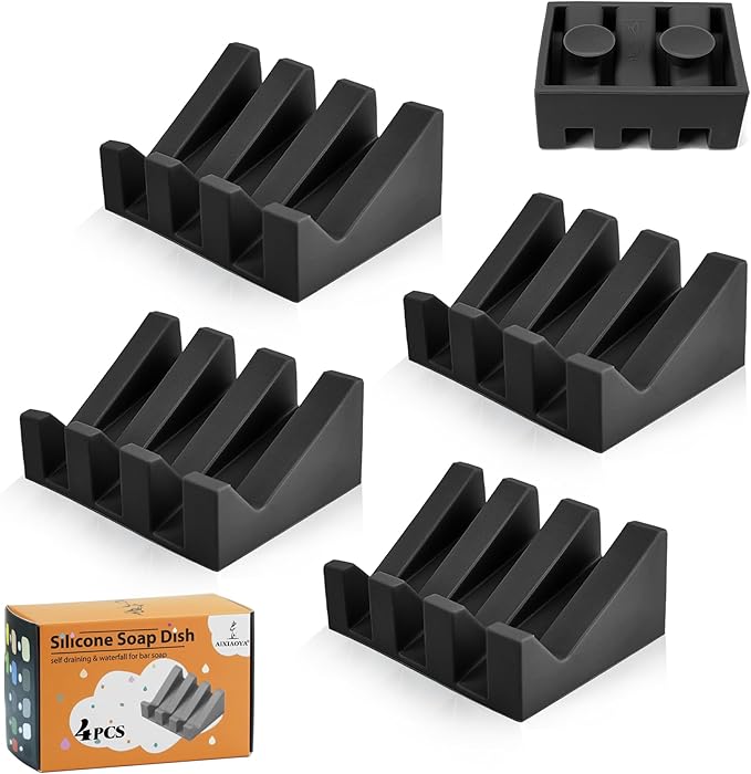 Silicone Soap Dish with Drain, Upgrade Double Suction Cups at The Bottom for Anti-Slip and Stability, Soap Dish Shower Waterfall Bar Soap Holder Tray with Drain Soap Holder (4, Black) - Bloomnest