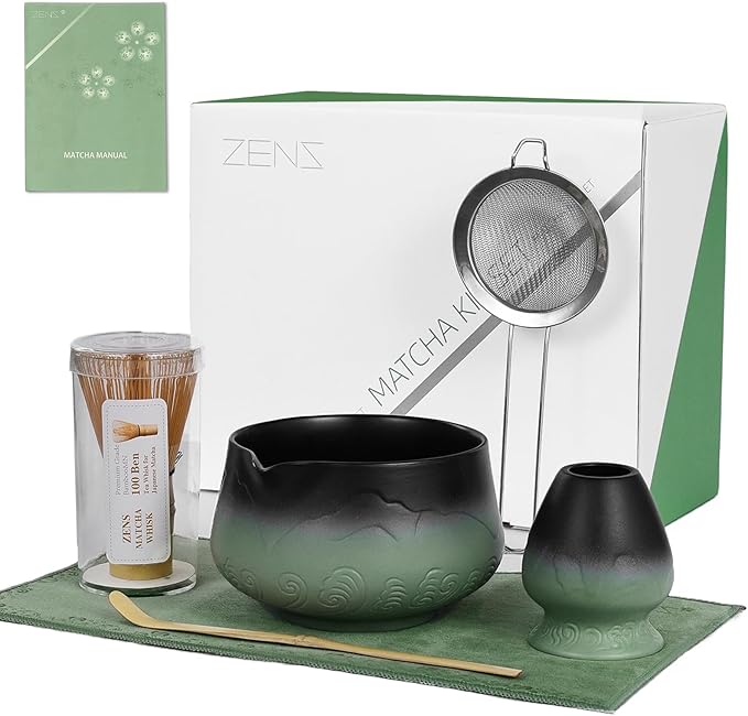 ZENS Matcha Whisk Set, Matcha Kit Set with Bowl and Bamboo Whisk, 304 Sifter, Scoop, (Chasen Holder) -Tea Mat, 6pcs Matcha Set for Latte-Making, Sage Green - Bloomnest