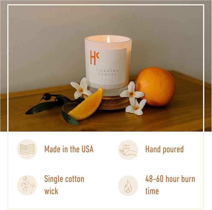 Coastal Sunset Single Wick Soy Candles, Luxury Scented Candles for Home - Up to 60 Hour Burn Time, Cruelty-Free Soy Wax Blend - Bergamot Fragrance, Notes of Pomelo & Orange (9 oz) - Bloomnest