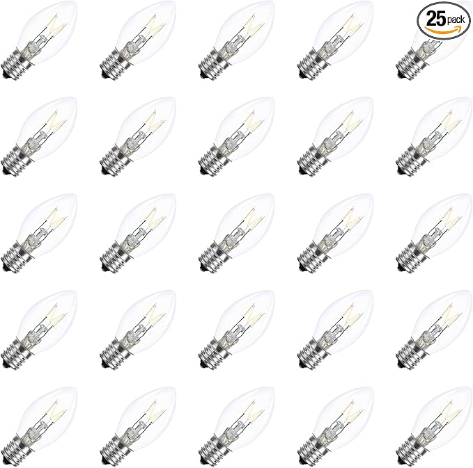 25 Pack Clear Christmas Lights C7 Incandescent Replacement Bulbs, C7 Vintage Christmas Lights Outdoor 5 Watts Night Light Bulbs Fits in C7/E12 Base for Indoor and Outdoor Home Party Decorations - Bloomnest
