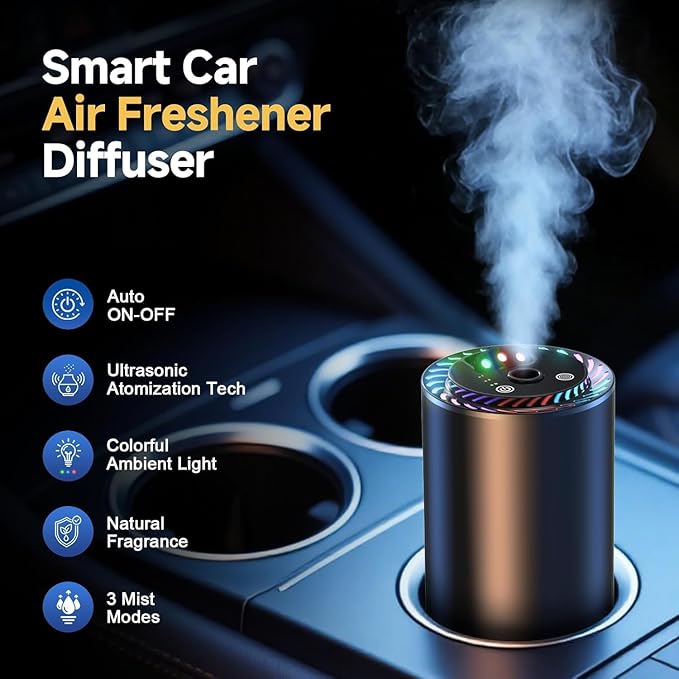 Smart Car Air Freshener with Star Light & 150ml Diffusers Oil Refills, Auto On/Off Aroma Diffuser, 3 Adjustable Modes Rechargeable Aromatizante para Carro - Car Diffuser（Cologne+Ocean+Serendipity） - Bloomnest