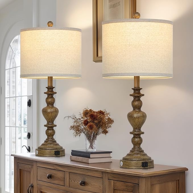 27" Vintage Table Lamps Set of 2, Farmhouse Resin Bedside Lamp with USB C+A Ports & AC Outlet, 3-Way Dimmable Touch Control Lamps for Living Room Bedroom Nightstand Antique Brown Washed Wooden Finish - Bloomnest