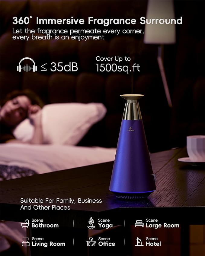 Waterless Scent Diffuser Starter Kit - 1500 Sq Ft Coverage, Alloy Atomization System,Mood Light,Smart Rechargeable Hotel Scent Diffuser, Including 120ml Essential Oil, for Home,Large Room,Spa,Blurple - Bloomnest