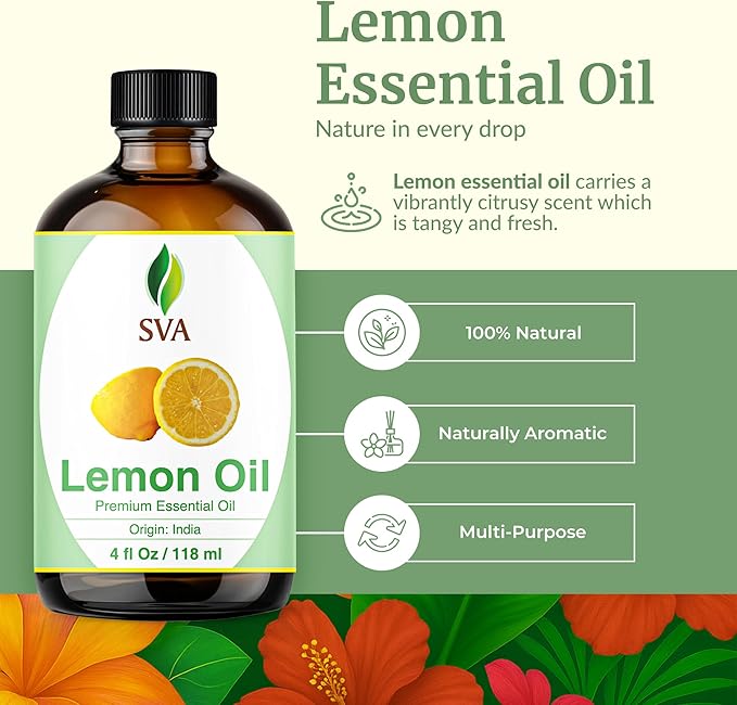 SVA Lemon Essential Oil – 4 Fl Oz – 100% Natural Lemon Oil - for Diffuser, Hair Care, Face, Skin Care, Aromatherapy, Scalp and Body Massage, Soap and Candle Making – with Dropper - Bloomnest