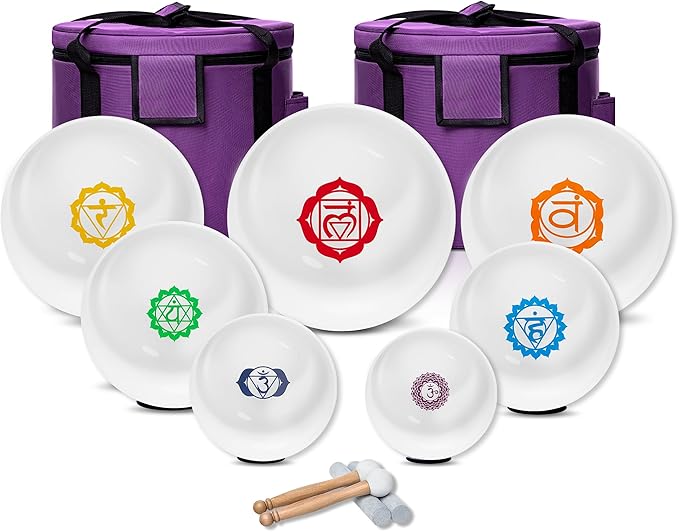 6-12inch Chakra Symbol Design 432hz Quartz Crystal Singing Bowls Set of 7, for Healing Mindfulness Meditation Yoga Sound Baths with Case Mallet Suede Striker - Bloomnest