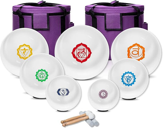 6-12inch Chakra Symbol Design 432hz Quartz Crystal Singing Bowls Set of 7, for Healing Mindfulness Meditation Yoga Sound Baths with Case Mallet Suede Striker - Bloomnest