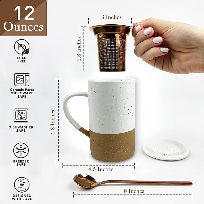 Mora 12oz Ceramic Tea Cup with Infuser, Spoon, Lid - Microwave & Dishwasher Safe - Bloomnest