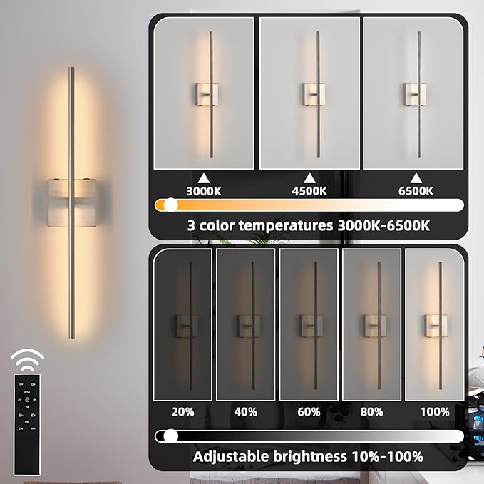 Rechargeable Battery Operated Wall Sconces set of 2, Brushed Nickel Wireless Wall Sconce with Remote Control, 3000K-6000K Dimmable LED Wall Light for Living Room Hallway Bedroom Stairs, 29 Inchs - Bloomnest