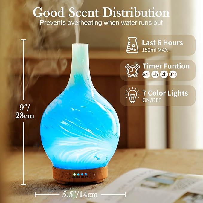 Porseme 150ml Essential Oil Diffuser Glass Color Changing Aroma Air Diffusers Aromatherapy Ultrasonic Cool Mist Humidifier 6 Running Hours Waterless Auto-Off for Sleeping, Yoga, Office, Spa(Blue Wave)