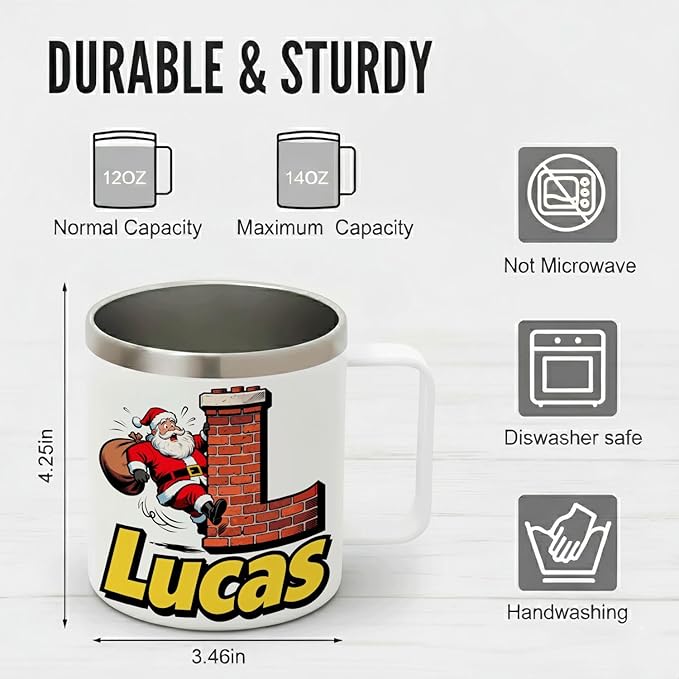 JugJug Personalized Christmas Mug with Initial & Name - Funny Santa Climbing Chimney 12oz Insulated Coffee Cup with Lid - Xmas Gifts for Kids, Boys (B157) - Bloomnest