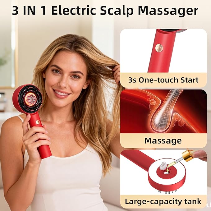 Electric Scalp Massager, 3 in 1 Hair Oil Applicator, Cordless Electric Head Massager, Scalp Care Brush, IPX7 Waterproof, Scalp Care Device for Home & Travel, Red Bloomnest
