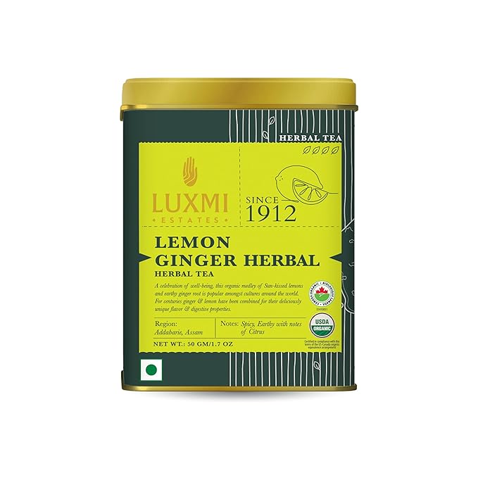 Luxmi Estates Lemon Ginger Root - 50gm Tin Loose Leaf | Certified Organic Herbal Tea | Citrus Flavor & Aroma | Lemon Peel, Ginger, Lemongrass, Licorice - Bloomnest