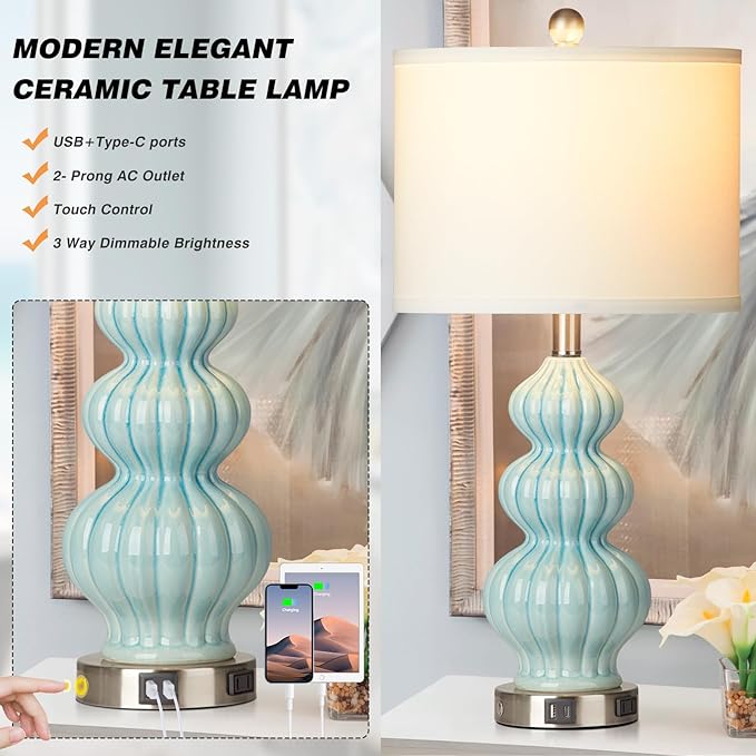 Ceramic Table Lamps Set of 2, Green Modern Bedside 26" Nightstand Lamp 3-Way Dimmable Lamp for Bedroom Living Room Contemporary, Side Table Lamp, Bulbs Included - Bloomnest
