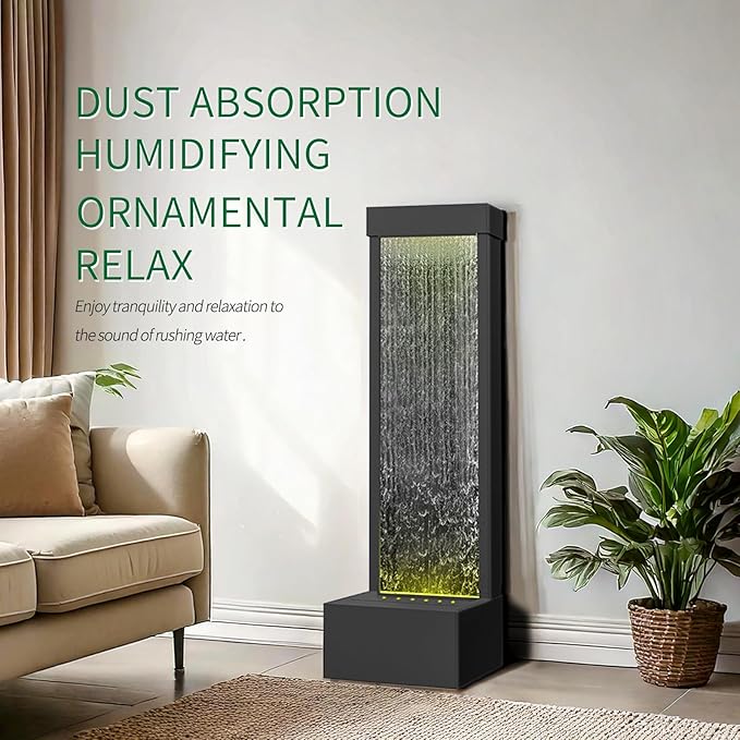 LONGRUN Mirror Waterfall Fountain Indoor Water Feature, 48" Water Features Home Decor with 7 Colors Light, Self Contained LED Water Feature Kit, Large Waterfall Fountain for Indoor - Mirrored Silver - Bloomnest