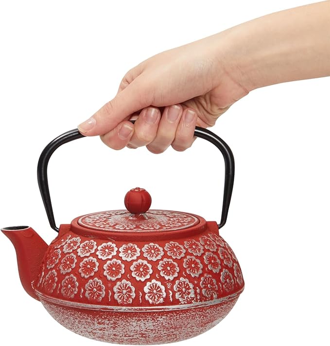 Juvale Red Floral Cast Iron Teapot Kettle - Superior Heat Retention & Stovetop Tea Kettle - Built-In Infuser & Loose Leaf Tea Pot - Red, 34 oz