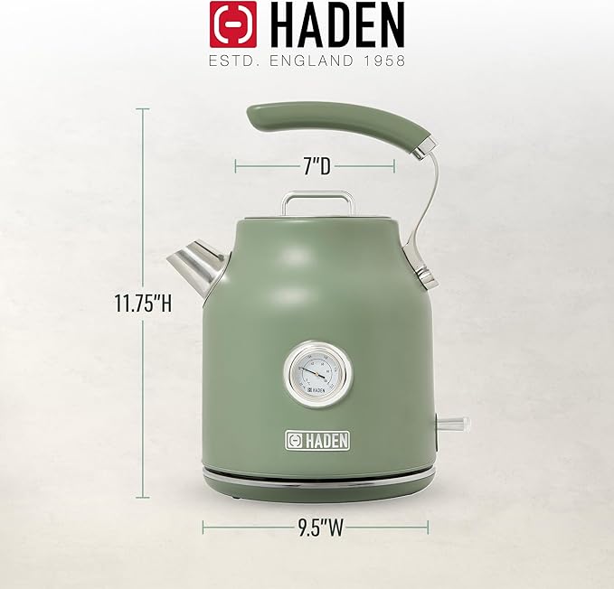 Haden Dorset 1.7 Liter Stainless Steel Electric Kettle, Hot Water Kettle with 360-Degree Base and Auto Shutoff, Cedar Green & Chrome - Bloomnest
