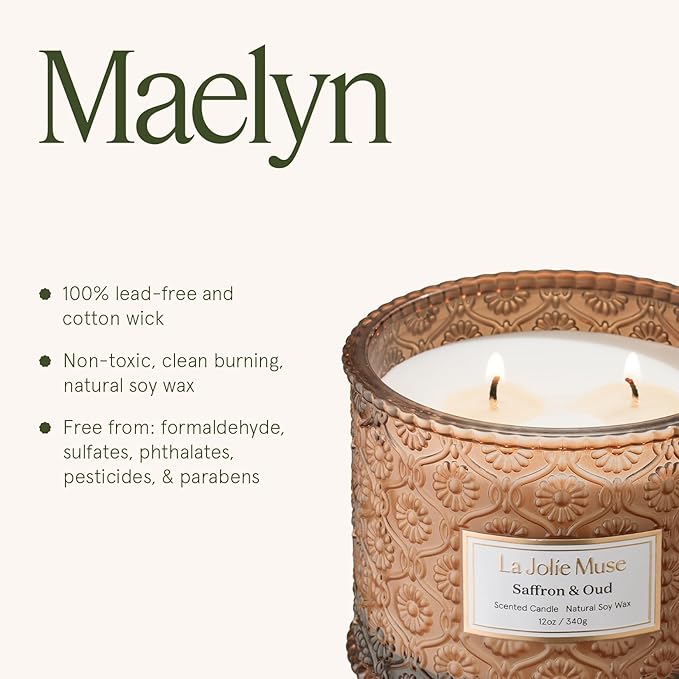 LA JOLIE MUSE Saffron & Oud Candle - Incense, Oud, Red Saffron | 12 oz Large 2-Wick Soy Wax Candle | 60 Hours Clean Burn | Gift-Ready for Hosts & Gatherings | Elegant Home Décor - Bloomnest