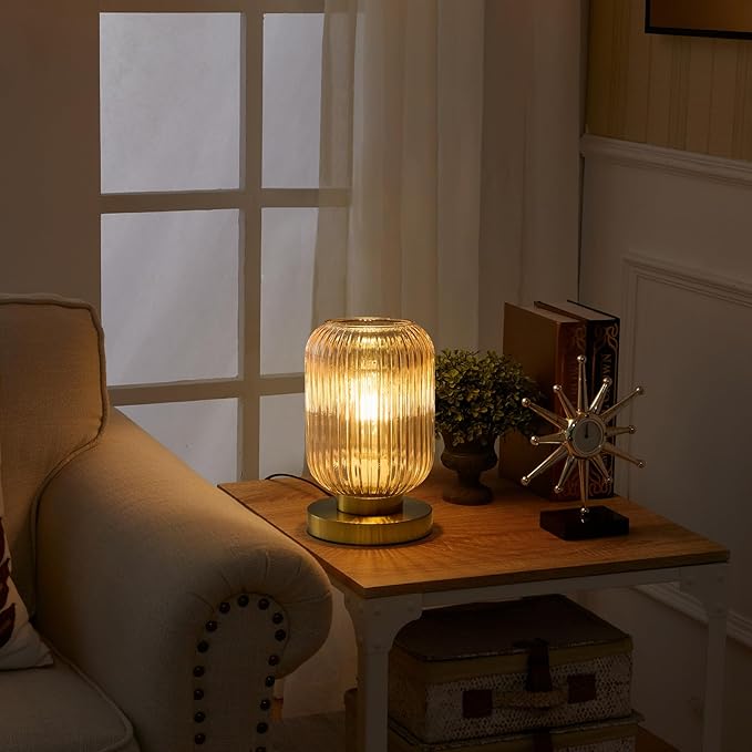 Glass Table Lamps Mid Century Modern Globe, Dimmable Amber Glass Table Lamp for Nightstand, Small Gold Table Lamp, Amber Pumpkin Design Ribbed Vintage Bedside Lamp for Bedroom Living Room Office - Bloomnest