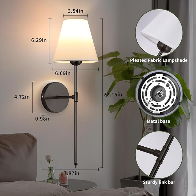 Battery Operated Wall Sconce Set of 2,15 Colors Wireless Wall Light With Dimmable Remote Control Last 18-50 Hours,Black Rechargeable Wall Lamp With White Fabric Shade For Living Room Bedroom Hallway - Bloomnest