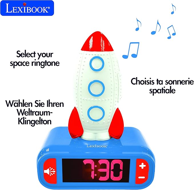 LEXiBOOK - Rocket Digital Alarm Clock for Kids with Night Light Snooze, Childrens Clock, Luminous Rocket, Blue Colour - RL800SPC - Bloomnest