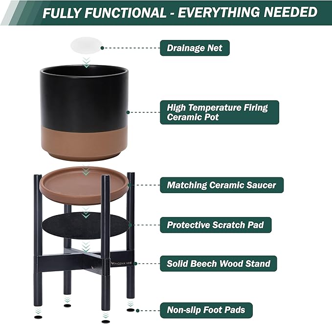 D'vine Dev Ceramic Planter with Ebony Stand - 12 Inch Modern Round Flower Pot with Wood Planter Holder, Black/Speckled Tan, 55-B-H-7 - Bloomnest