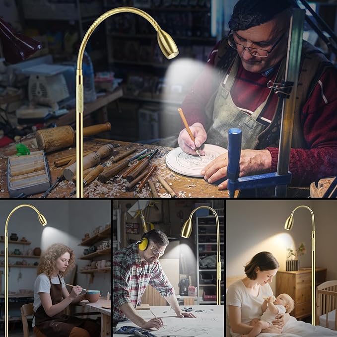 Reading Floor Lamp, 72" Tall LED Lamp with Flexible Gooseneck, Dimmable Zoomable Spotlight, Adjustable Color Beam Standing Lamp, Touch & Remote Control, Task Craft Bedroom Living Room (Light Gold) - Bloomnest