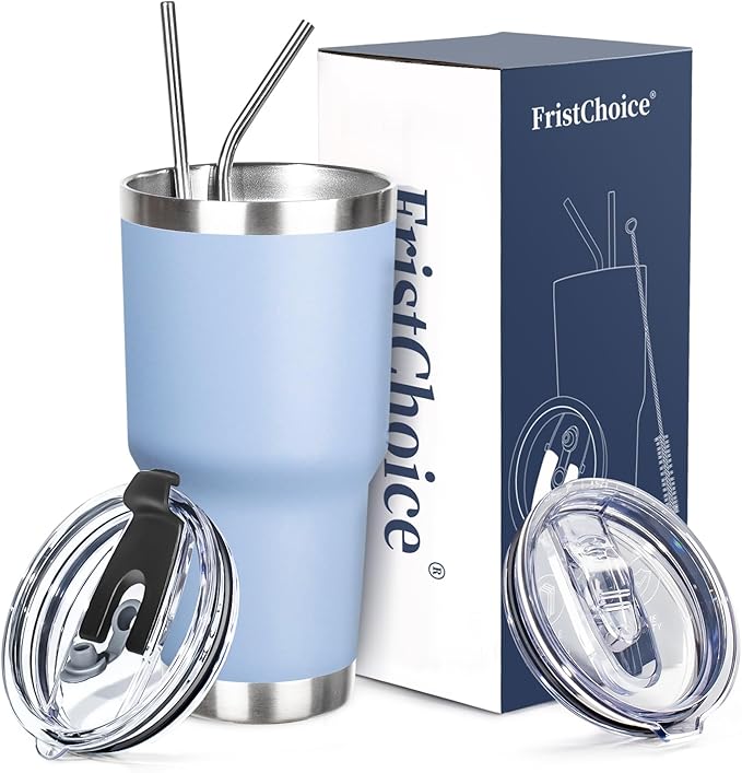 30 oz Tumbler with Lids and Straws Double Wall Vacuum Insulated Tumbler Cup,Stainless Steel Leak-proof Thermal Tumbler Travel Coffee Mug for Cold and Hot Drinks,Baby Blue - Bloomnest
