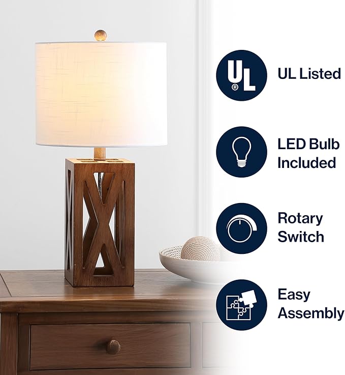 JONATHAN Y JYL1062A Stewart 21.5" Wood LED Table Lamp Industrial French Country Rustic Bedside Desk Nightstand Lamp for Bedroom Living Room Office College Bookcase LED Bulb Included, Brown - Bloomnest
