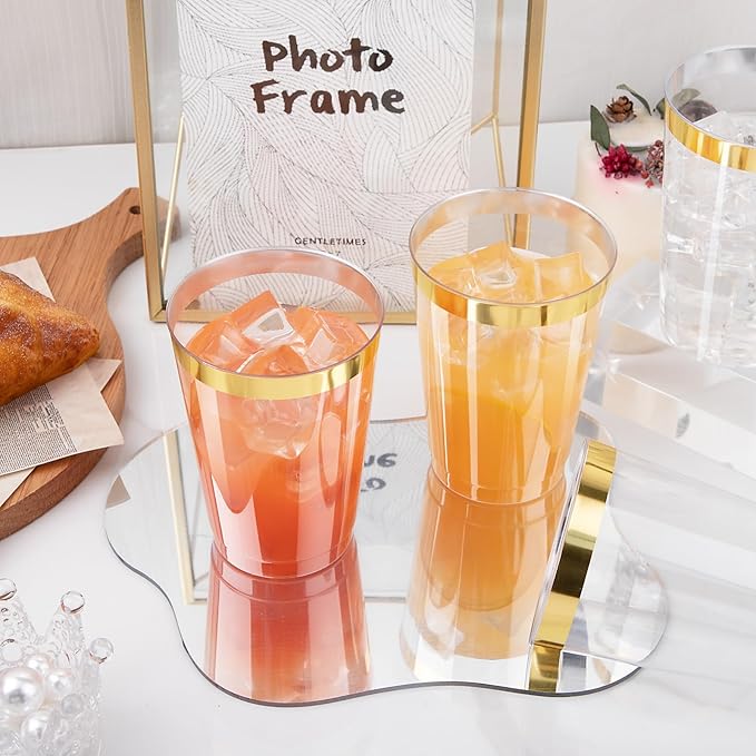 I00000 100 Pack 12 oz Gold Plastic Cups, Gold Rimmed Disposable Cups, Disposable Wine Glasses Cocktail Glasses Premium Cup with Golden Rim, 12 Ounce Plastic Tumblers for Party & Wedding - Bloomnest
