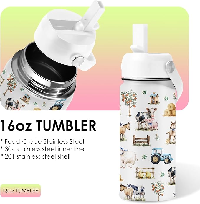 Farm Animal 16 oz Water Bottle with Straw Lid, Stainless Steel Insulated Tumbler, Leak Proof, BPA - Free, Farm Animals Tumbler Gifts for Farmer Gifts for Animal Lovers Birthday, Christmas (1pc) - Bloomnest