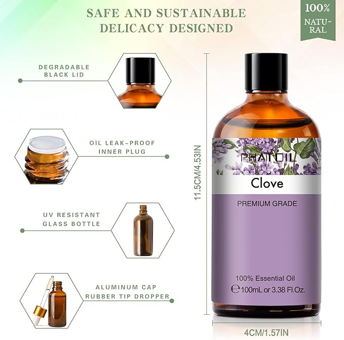 PHATOIL 3.38Fl.Oz Clove Essential Oil, for Aromatherapy Diffusers with Glass Dropper, Humidifiers, Great for DIY Candle and Soap Making, Gift for Friend PHATOIL