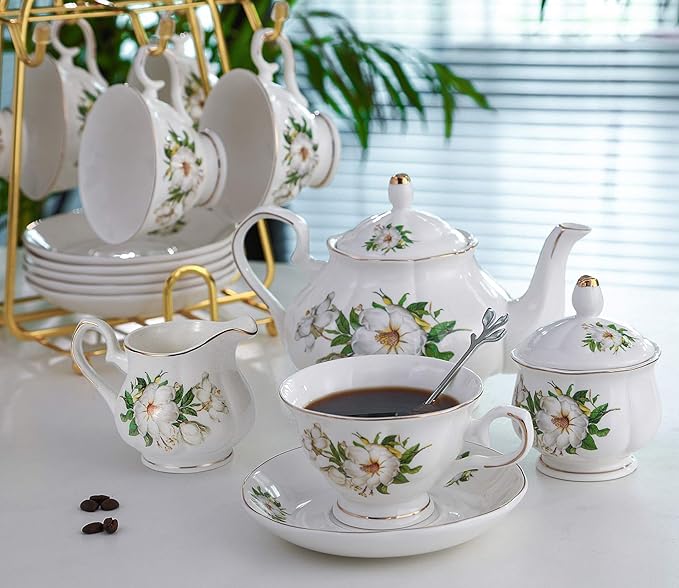 CHENP.HMC Porcelain Tea Set Tea Cup Set 22-Piece Porcelain Ceramic Coffee Tea Gift Sets Cups Saucer Service for 6 Teapot Sugar Bowl Creamer Pitcher and Teaspoons tea pot sets(Camellia) - Bloomnest