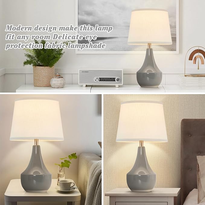 GyroVu Table Lamp Set of 2, 18.63” Ceramic Table Lamp Classic Beside Lamps Nightstand Lamp Modern Lamp for Living Room, Bedroom & Office Rocker Swtich Grey-LED Bulbs Included - Bloomnest