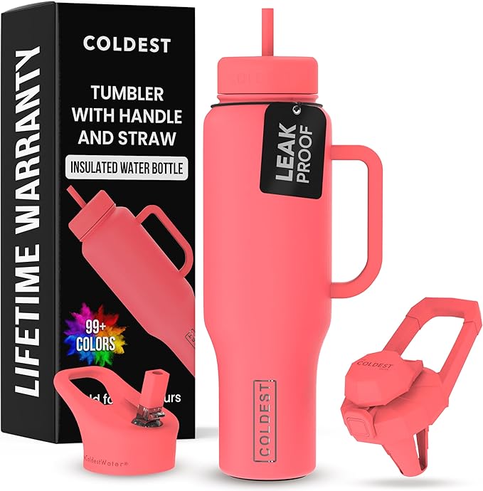 Coldest Tumbler with Handle and Straw - 100% Leak Proof Insulated Tumbler with Lid and Straw (3 Lids) - Stainless Steel Tumblers for Women & Men - Cup Holder Friendly Base, 46 oz (The Cardinal) - Bloomnest
