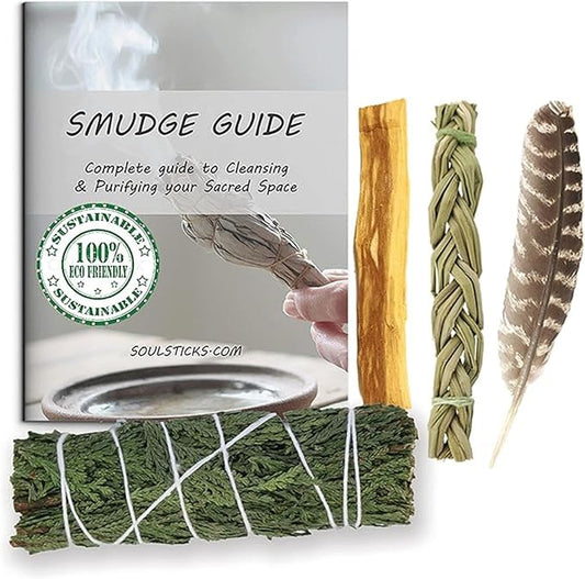Ancient VEDA Sage Smudge Kit | Cedar, Sweetgrass, & Palo Santo Sticks Smudging Kit for Meditation, Yoga, Reiki, Home Cleansing, & Aromatherapy (Starter Kit, Cedar Sage)